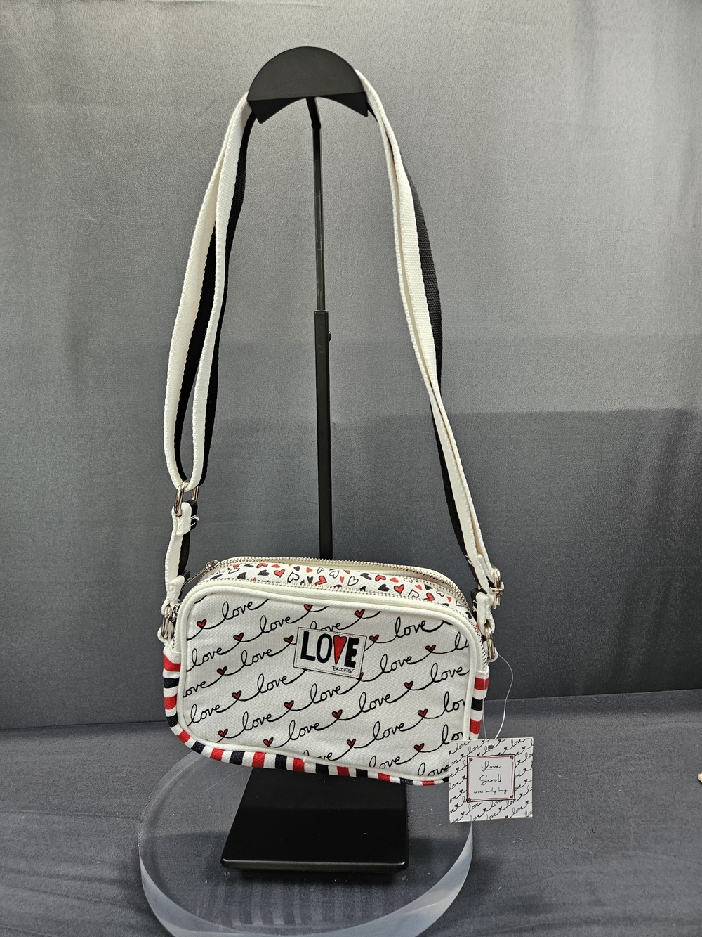 Brighton Love Scroll Canvas Crossbody Bag Purse White Red Black Hearts NWT